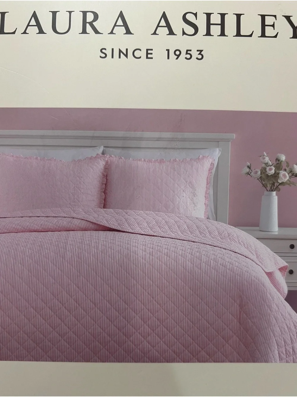 Laura Ashley Pink and White Oxford Striped Queen Quilt ~ NWT